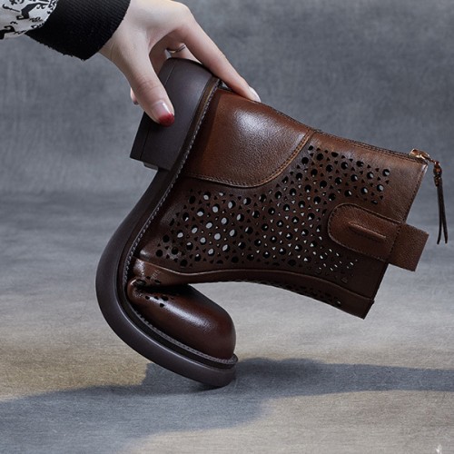 Retro Martin Back Zipper Non Slip Women Chunky Heel Boots - Brown |image