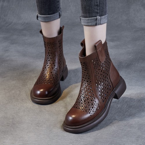 Retro Martin Back Zipper Non Slip Women Chunky Heel Boots - Brown |image