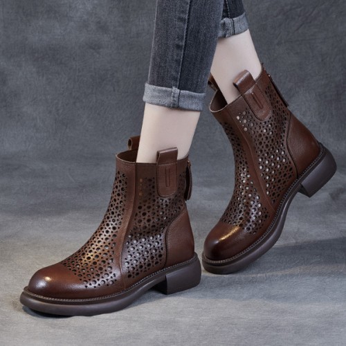 Retro Martin Back Zipper Non Slip Women Chunky Heel Boots - Brown |image