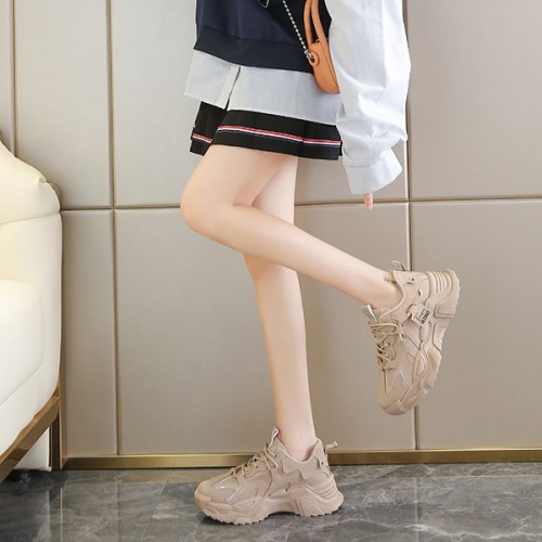 Trendy Thick Sole Low Cut Round Head Lace Up Sports Sneakers - Beige |image