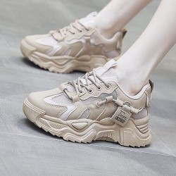 Trendy Thick Sole Low Cut Round Head Lace Up Sports Sneakers - Beige