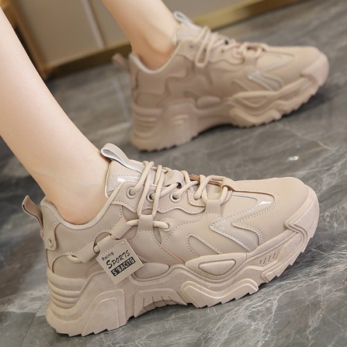 Trendy Thick Sole Low Cut Round Head Lace Up Sports Sneakers - Beige |image