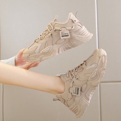 Trendy Thick Sole Low Cut Round Head Lace Up Sports Sneakers - Beige |image