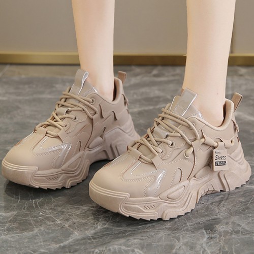 Trendy Thick Sole Low Cut Round Head Lace Up Sports Sneakers - Beige |image