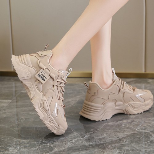 Trendy Thick Sole Low Cut Round Head Lace Up Sports Sneakers - Beige |image