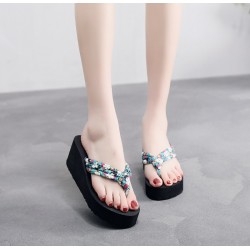 Bohemian Style Flip Flops Floral Wedge Women Slippers - Green