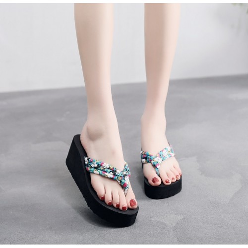 Bohemian Style Flip Flops Floral Wedge Women Slippers - Green |image