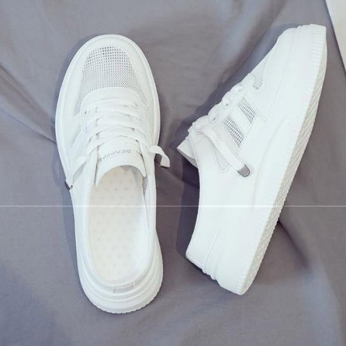 Light Open Heels Slip On Flat Canvas Laces Women Sneakers - White |image