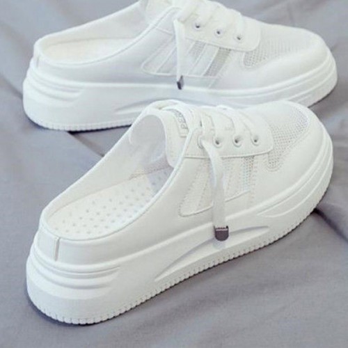 Light Open Heels Slip On Flat Canvas Laces Women Sneakers - White |image