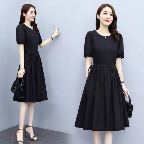 Soft Round Neck Tie Knot Women Mid Length A Line Midi Dress - Black |image