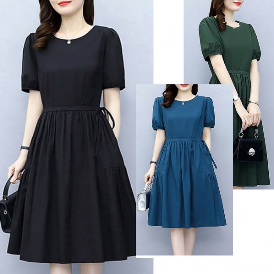 Soft Round Neck Tie Knot Women Mid Length A Line Midi Dress - Black |image