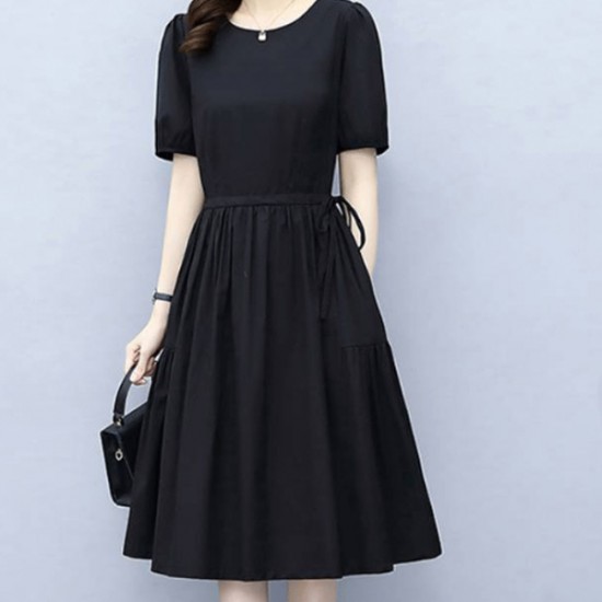 Soft Round Neck Tie Knot Women Mid Length A Line Midi Dress - Black |image