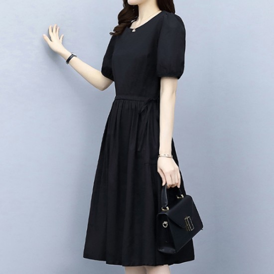 Soft Round Neck Tie Knot Women Mid Length A Line Midi Dress - Black |image