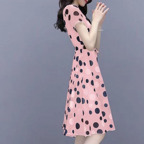 Elegant Short-Sleeve Round-Neck Dotted Tie Knot Midi A-Line Dress - Pink |image