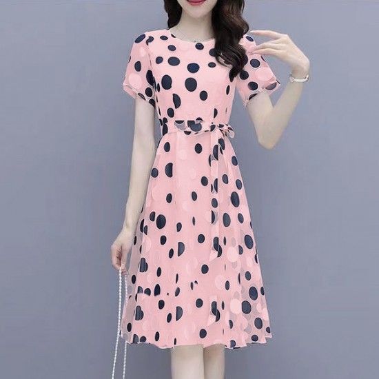 show image for Elegant Short-Sleeve Round-Neck Dotted Tie Knot Midi A-Line Dress - Pink Elegant Short-Sleeve Round-Neck Dotted Tie Knot Midi A-Line Dress - Pink |image
