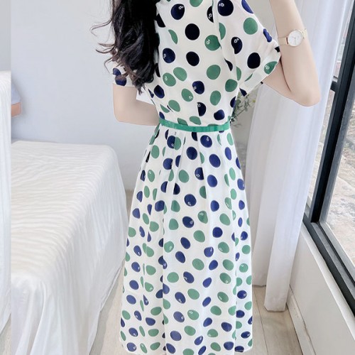 Leisure Style Round-Neck Polka Dot Waist Bet A-Line Midi Dress - White |image