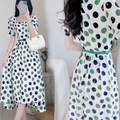 Leisure Style Round-Neck Polka Dot Waist Bet A-Line Midi Dress - White |image