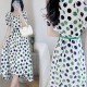 Leisure Style Round-Neck Polka Dot Waist Bet A-Line Midi Dress - White |image