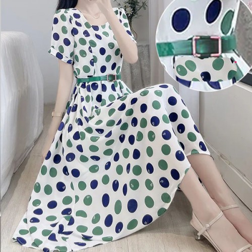 Leisure Style Round-Neck Polka Dot Waist Bet A-Line Midi Dress - White |image