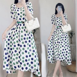 Leisure Style Round-Neck Polka Dot Waist Bet A-Line Midi Dress - White
