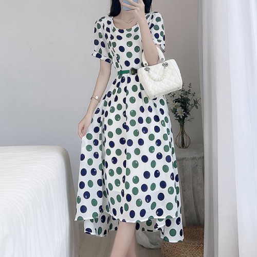 Leisure Style Round-Neck Polka Dot Waist Bet A-Line Midi Dress - White |image