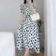 Leisure Style Round-Neck Polka Dot Waist Bet A-Line Midi Dress - White |image