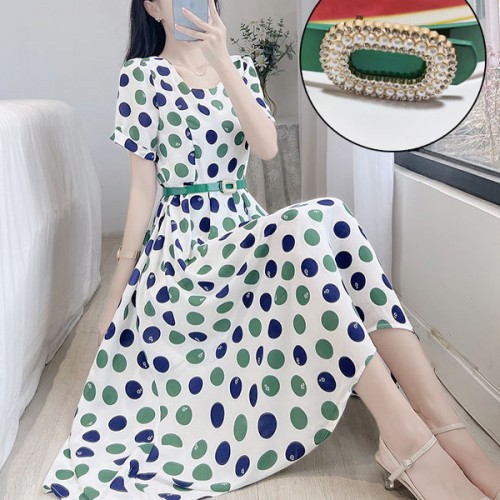 Leisure Style Round-Neck Polka Dot Waist Bet A-Line Midi Dress - White |image