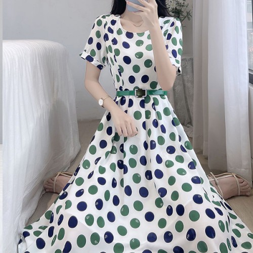 Leisure Style Round-Neck Polka Dot Waist Bet A-Line Midi Dress - White |image