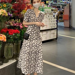 Korean Style Chic V-neck Floral High Waist Fairy Party Long Dress - White