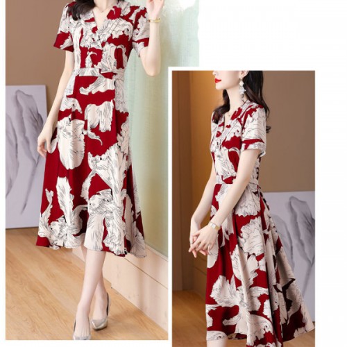Women Short Sleeves V-neck Floral A-line Skirt High Waist Mid-length Dress - Red |image