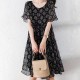 Elegant Loose Pullover Trumpet Sleeve Round Neck Floral Midi Dress - Black |image