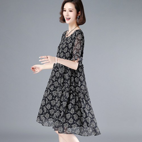 Elegant Loose Pullover Trumpet Sleeve Round Neck Floral Midi Dress - Black |image