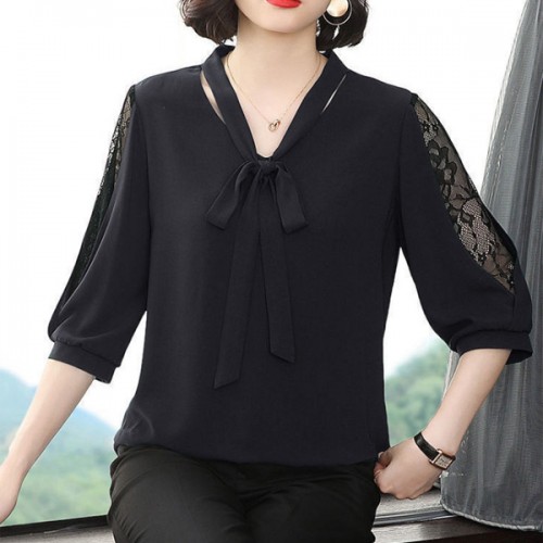 Korean Style V Neck Lace Bottoming Sleeve Loose Bowknot Women Tops - Black |image