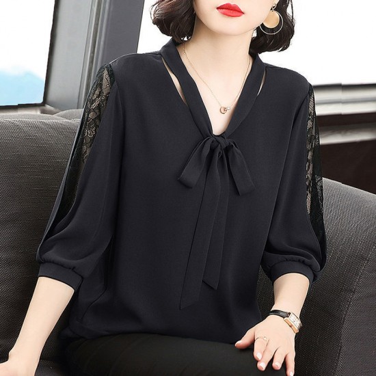 Showing images for Korean Style V Neck Lace Bottoming Sleeve Loose Bowknot Women Tops - Black Korean Style V Neck Lace Bottoming Sleeve Loose Bowknot Women Tops - Black |image