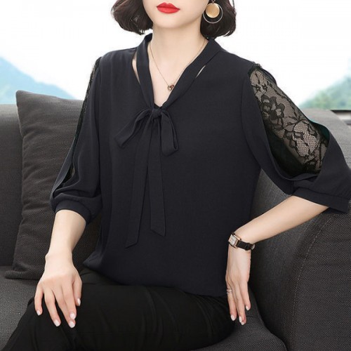 Korean Style V Neck Lace Bottoming Sleeve Loose Bowknot Women Tops - Black |image