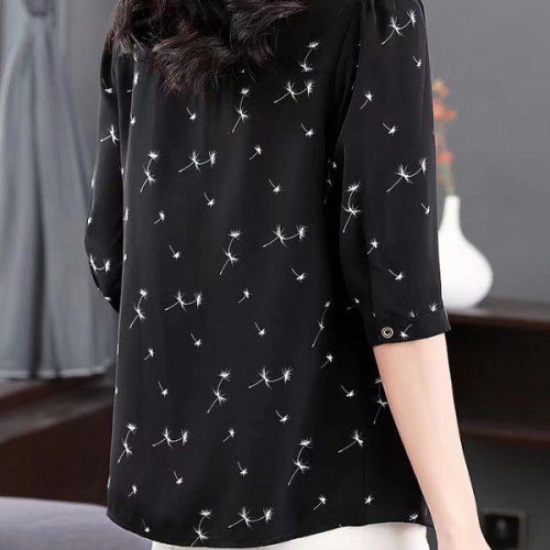 Casual Button Spliced Polo Neck Floral Printed Loose Women Tops - Black |image