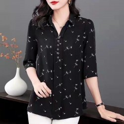 Casual Button Spliced Polo Neck Floral Printed Loose Women Tops - Black