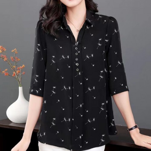 Casual Button Spliced Polo Neck Floral Printed Loose Women Tops - Black |image