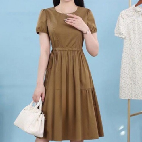 Soft Round Neck Tie Knot Women Mid Length A Line Midi Dress - Brown |image