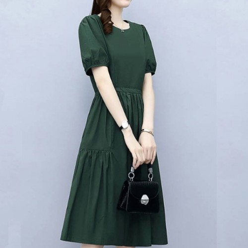 Soft Round Neck Tie Knot Women Mid Length A Line Midi Dress - Green |image