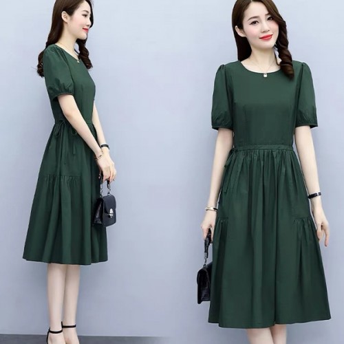 Soft Round Neck Tie Knot Women Mid Length A Line Midi Dress - Green |image