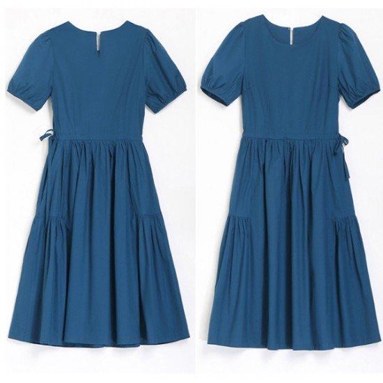 Soft Round Neck Tie Knot Women Mid Length A Line Midi Dress - Blue |image