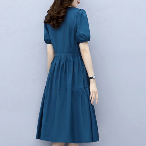 Soft Round Neck Tie Knot Women Mid Length A Line Midi Dress - Blue |image
