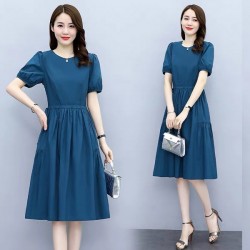 Soft Round Neck Tie Knot Women Mid Length A Line Midi Dress - Blue