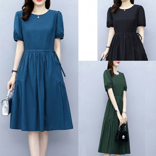 Soft Round Neck Tie Knot Women Mid Length A Line Midi Dress - Blue |image