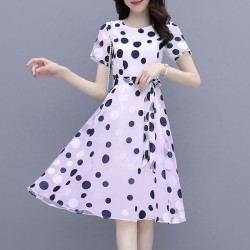 Elegant Short-Sleeve Round-Neck Dotted Tie Knot Midi A-Line Dress - Purple