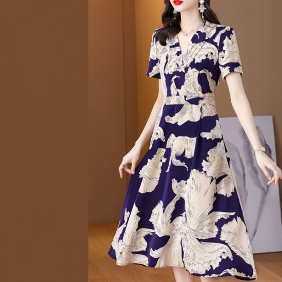 Women Short Sleeves V-neck Floral A-line Skirt High Waist Mid-length Dress - Blue |image