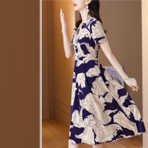 Women Short Sleeves V-neck Floral A-line Skirt High Waist Mid-length Dress - Blue |image