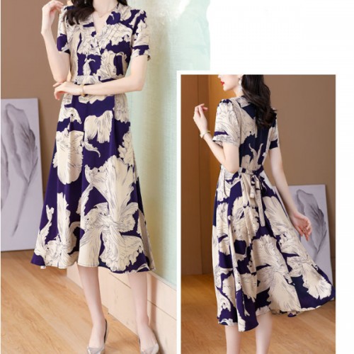 Women Short Sleeves V-neck Floral A-line Skirt High Waist Mid-length Dress - Blue |image