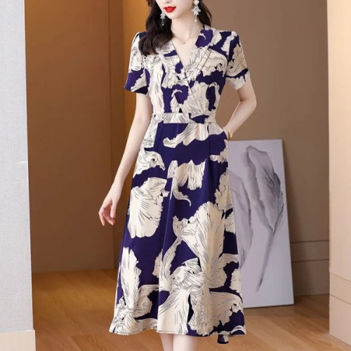 Women Short Sleeves V-neck Floral A-line Skirt High Waist Mid-length Dress - Blue |image